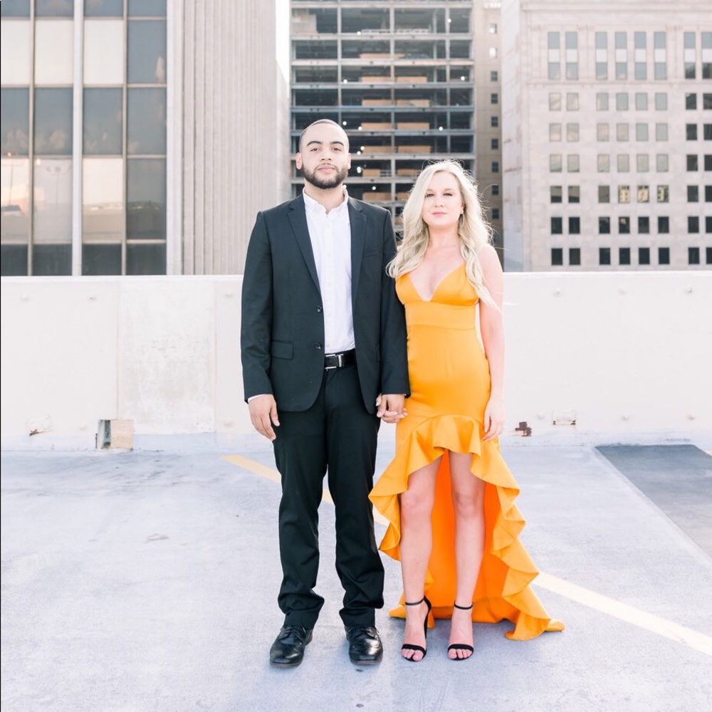 Lovers + Friends hi-low mustard ruffle gown XS